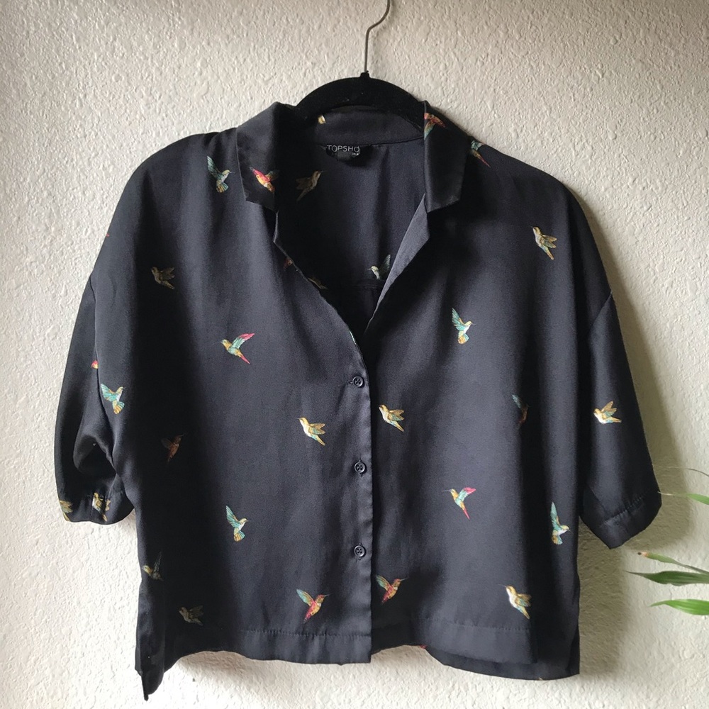 Topshop button down blouse with hummingbirds
